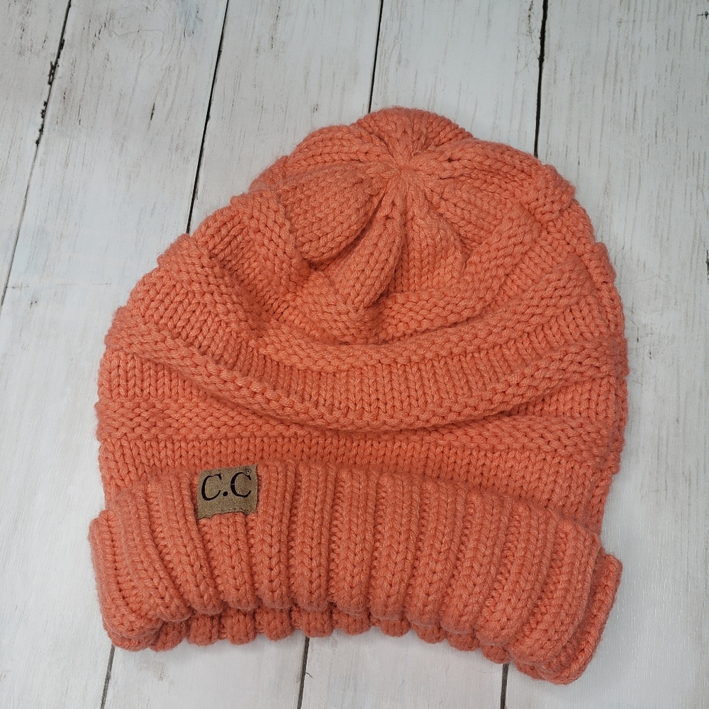 C.C. Exclusive Deep Knit Hat Coral Orange. 11 inch